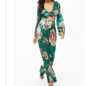LF HIGH WAIST WIDE LEG TROUSERS PANTS + WRAP CROP TOP COORD SET M